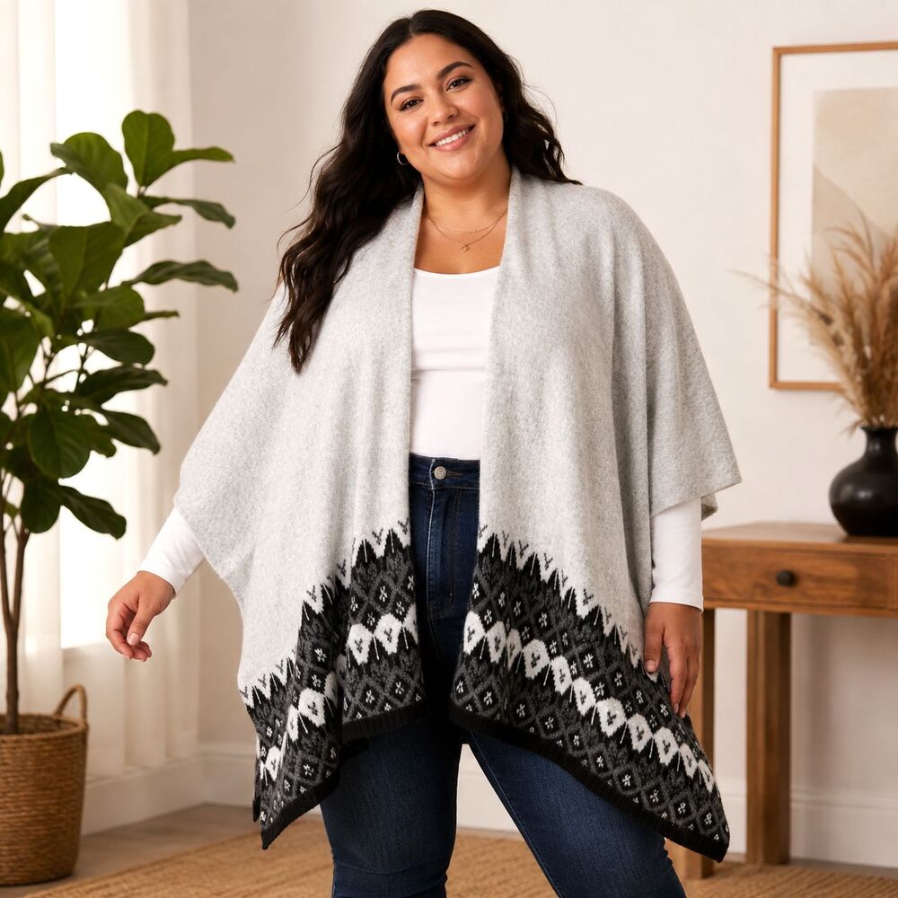 Torrid Fair Isle Ruana One Size Gray Black Wool Blend Poncho Cardigan Stretch